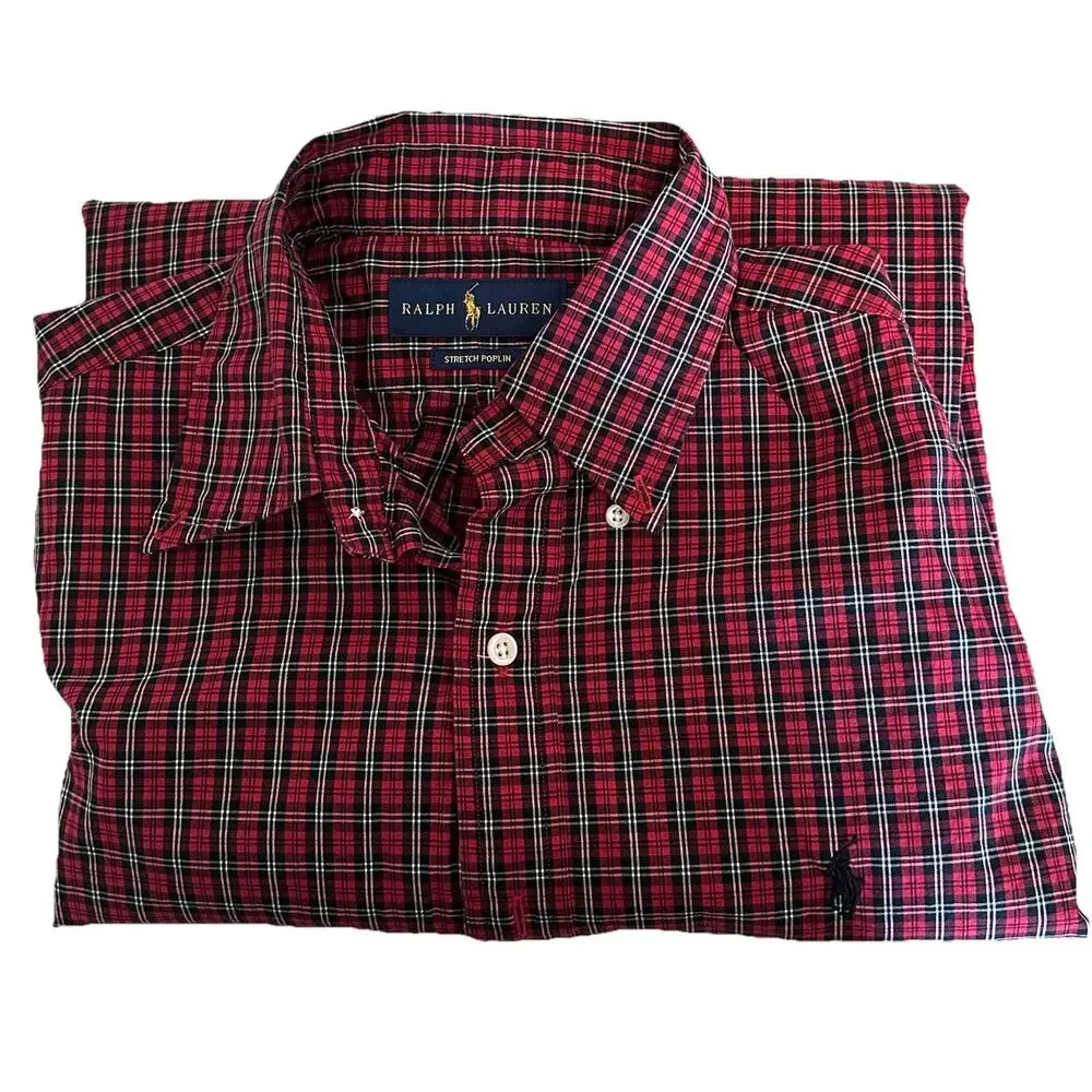 Ralph Lauren‎ Mens 15.5 34/35 Red Plaid Stretch Poplin Button Shirt